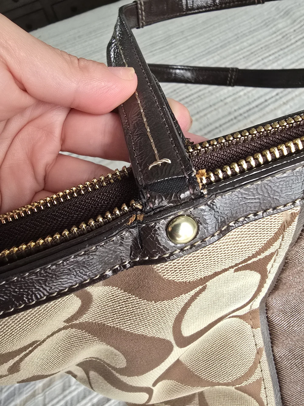 Coach Beige and Brown Signature Canvas Tote with Dark Brown Trim